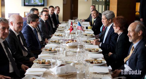 Turkish Foreign Minister Ahmet Davutoglu (third from left) meets with Kerry (third from right) during a luncheon in Istanbul on April 21. | Reuters