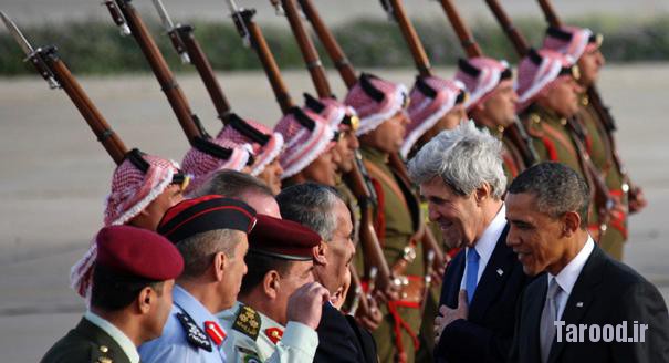 President Barack Obama (right) and Kerry (second right) are greeted by Jordanian officials upon their arrival at Amman airport on March 22. | Reuters
