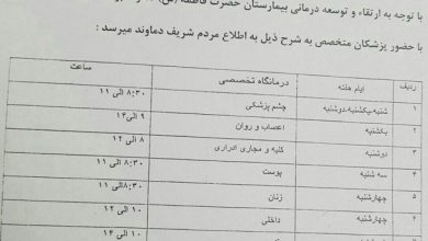فعالیت درمانگاه بیمارستان حضرت فاطمه دماوند